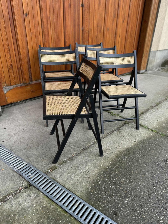 Vintage Folding Chairs with Cane Seats, 1970s, Set of 5 – Wood (photo 5 of 6)