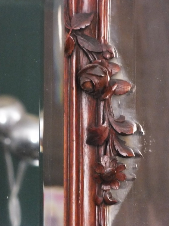 Image 1 of large Liberty Art Noveau wall beveled mirror with planter wood walnut years '900