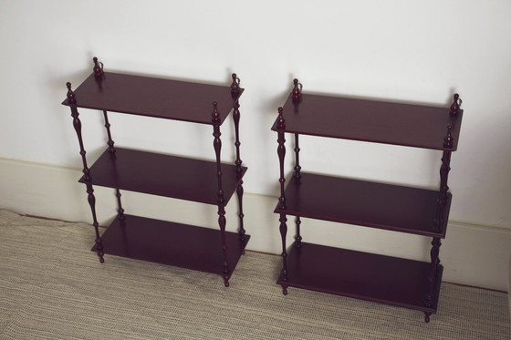 Image 1 of Mahogany-Finish Hanging Wall Shelf Set of 2 Pair, Traditional Spindle Display Shelves, Vintage Colonial Style Decorative Modula