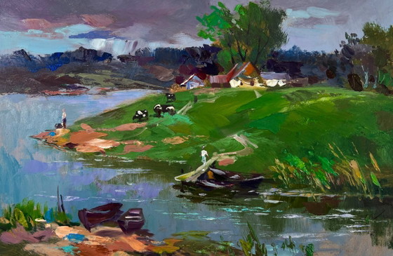 Image 1 of Original Oil Painting Rural Summer Landscape Village Nestled On A Quiet Shore