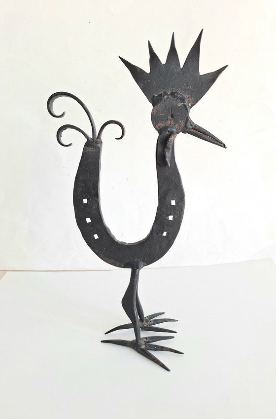Image 1 of Marolles-style folk art stylized rooster figure from a horseshoe. Vintage 1950-1960.