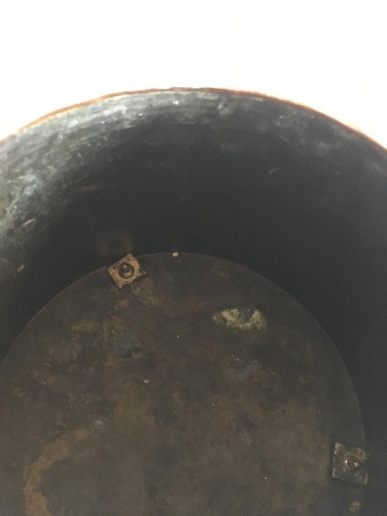 Image 1 of Red copper extinguishing pot with yellow copper lid and handle