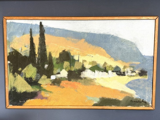 Image 1 of Peinture à l'huile moderniste « Village d'Ibiza » de Stig Wernheden (1921-1997)