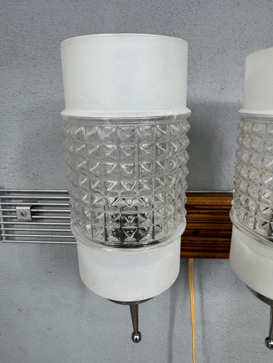 Image 1 of Lampada da parete vintage con tubi di vetro e piastra posteriore in legno