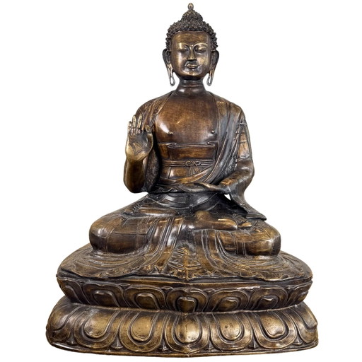 Estatua Monumental Antigua Bronce Dorado al Fuego Buda Shakyamuni – Túnica Kasaya Campo Arroz – Siglo XVIII – 69 cm / 27.00 kg