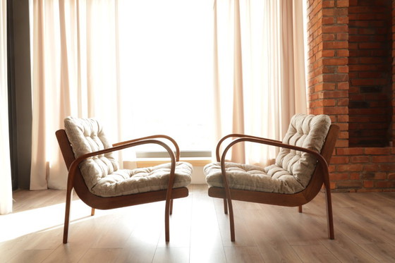 Image 1 of Mid Century Paar Loungesessel, tschechoslowakisches Duett, Designer K.Kozelka &amp; A.Kropacek, 1940er Jahre, Bugholz, natürlich