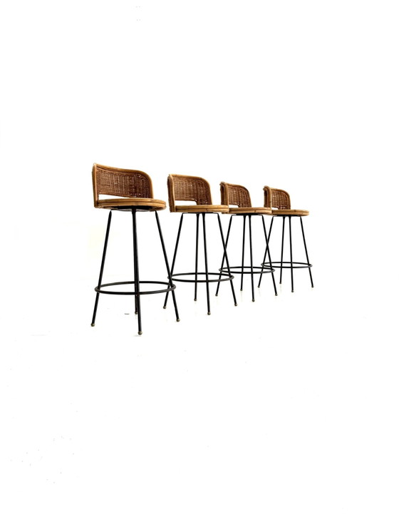 Set Van 4 Vintage Barkrukken, Rotan & Smeedijzer ‘60 – Rattan, Wicker (photo 10 of 10)