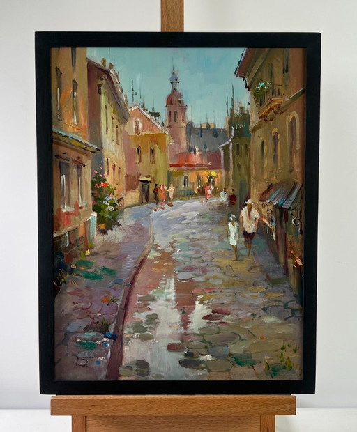 Pintura al óleo original: Paisaje urbano de la infancia en un callejón.