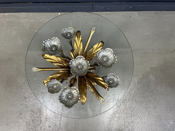 Image 1 of Tavolino floreale vintage hollywood regency in metallo dorato, anni '60