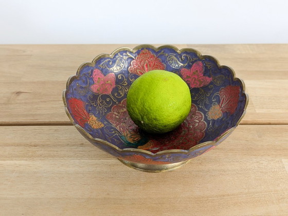 Vintage Brass Peacock Bowl, India Painted Enamel, Scalloped Footed Dish (photo 13 of 14)