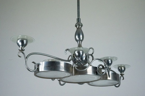 Image 1 of Araña Art Decó italiana de latón niquelado y cristal esmerilado, años 30