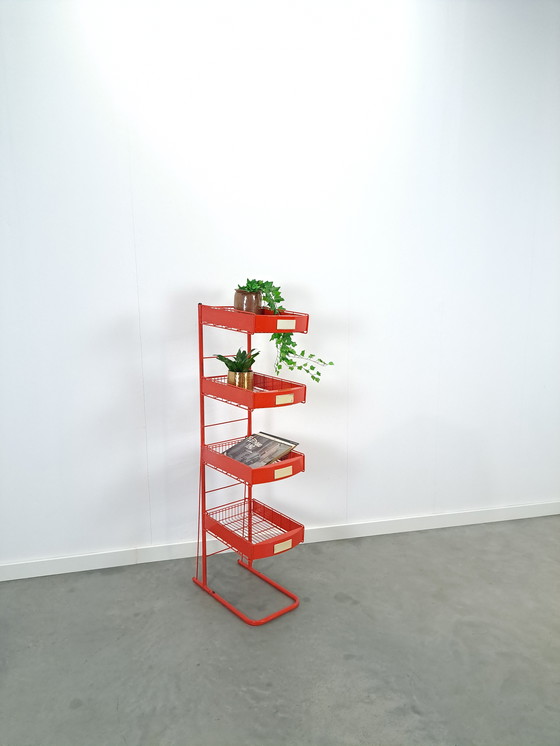 Image 1 of Red Metal Shop Display Case Shop Rack With Baskets Vintage
