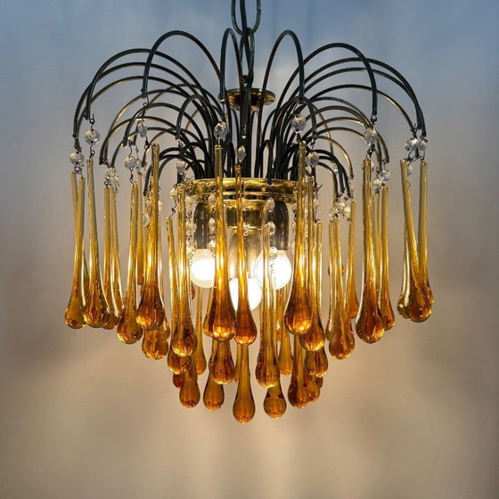 Image 1 of Mid Century Design Murano-Bernsteinglas-Tropfenleuchter, 1970er Jahre
