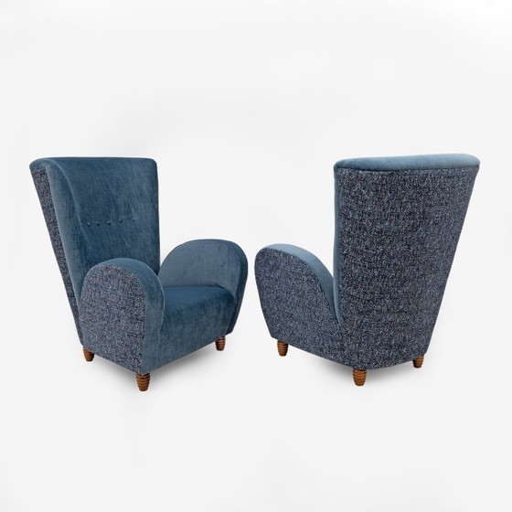 Image 1 of Pair of Italian Paolo Buffa High-Back Armchairs in Blue Velvet and Chenille, 50s