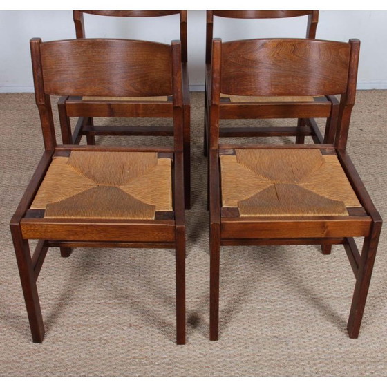 Image 1 of Set of 4 vintage solid wood and straw chairs, 1980