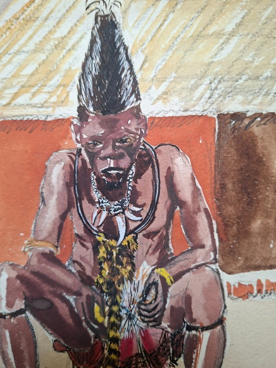 Image 1 of  Original Mangbetu Figure Watercolor– Attributed to Marie Louise Stradiot-Bougnet