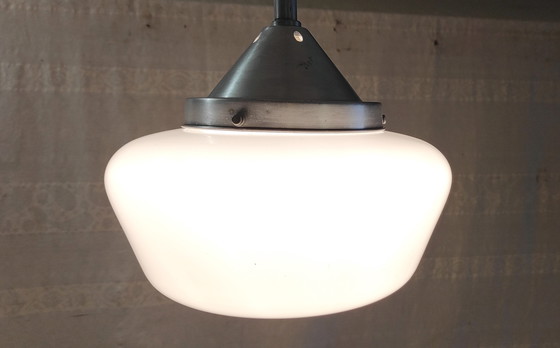 Image 1 of Bauhaus pendant light in metal and opaline glass globe - mid-20th century