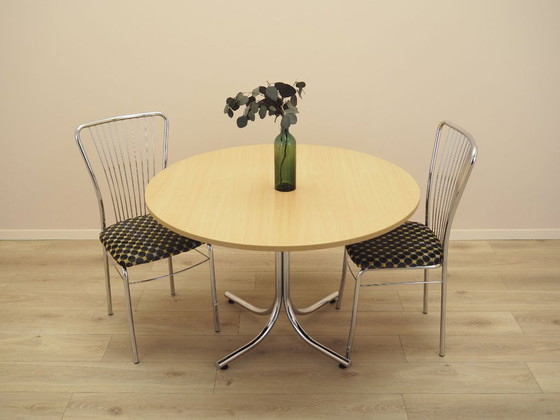 Tavolo da pranzo rotondo italiano con piano in laminato su base cromata, anni '80 – Tavoli da pranzo, Metal (photo 8 of 11)