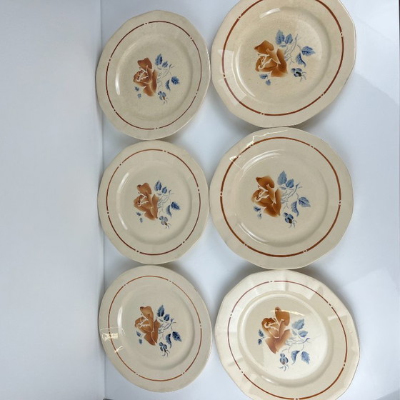 Image 1 of Set of 6 Sarreguemines dinner plates with floral motif, first half of the 20th century