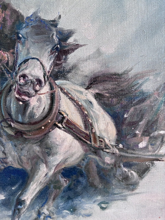 Image 1 of Peinture à l'huile originale vintage représentant un cheval, grande œuvre murale équestre signée