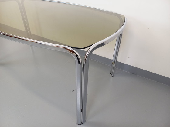 Image 1 of Incurved Rectangular Dining Table in Smoked Glass and Chrome Metal 70's Space Age Style