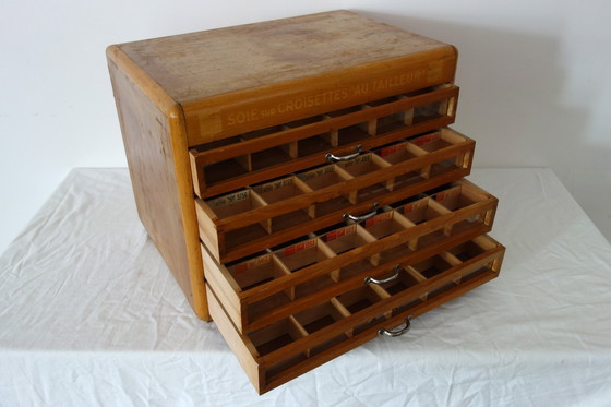 Image 1 of 4-drawer vintage silk haberdashery display cabinet on shelf