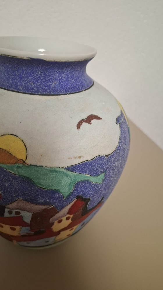 Image 1 of Hand-Painted Ceramic Vase – Colorful Village Scene – Signed Limosse
