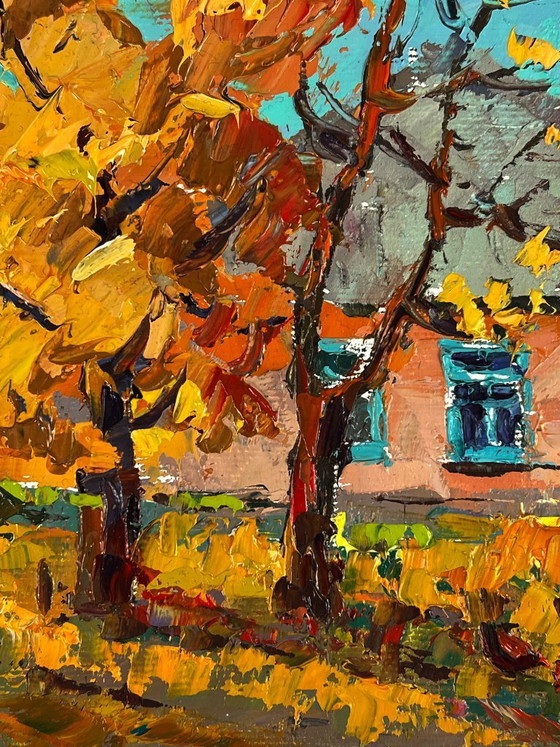 Image 1 of Peinture à l'huile originale représentant un paysage champêtre, une maison et une maison en automne dans un village