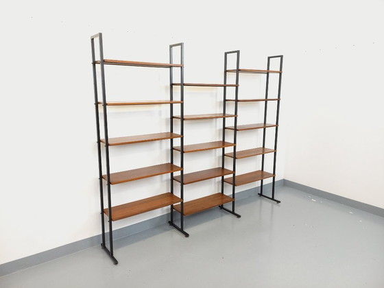 Image 1 of Vintage Italian triple modular bookcase in teak and metal from the 1960s