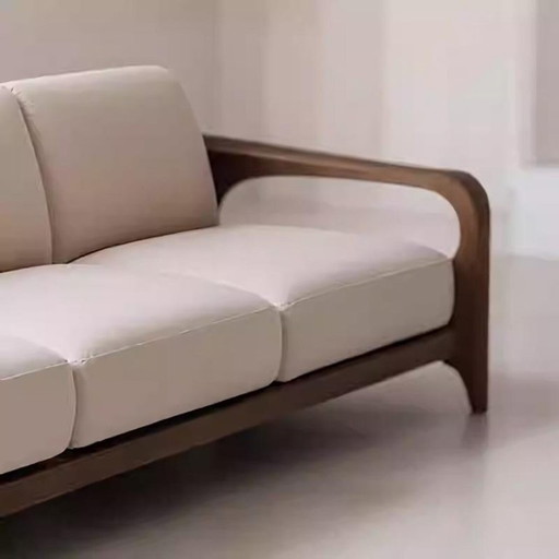 Modern Walnut Leather Sofa Solid Wood Designer Couch, Minimalist Cream Upholstered Sofa for Luxury Living Room