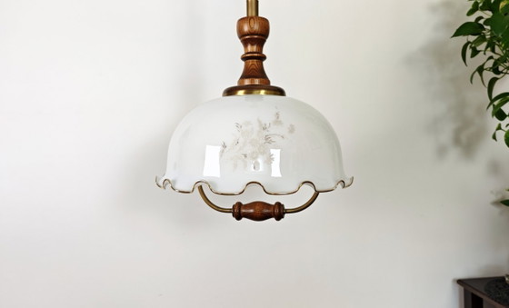 Image 1 of Vintage 1970s Opaline Glass Pendant Light / Mid Century Modern Ceiling Lamp / Scalloped Floral Shade with Wood Brass / 