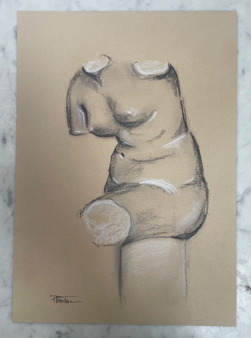 Tableau signé fusain étude au dessin buste femme pour plâtre d’atelier 