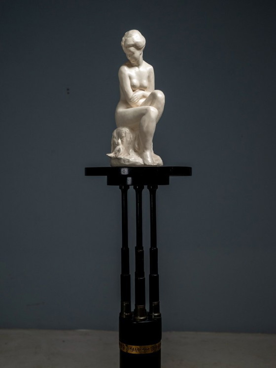Image 1 of Black Lacquered Pedestal with Brass Details, 20th Century