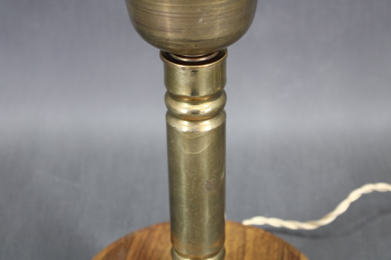 Image 1 of 1940s Restored Brass Table Lamp with Wooden Base and Glass Shade