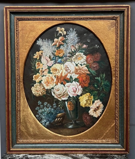 G. Carlier. Still life signed with flowers in a beautiful frame. – schilderijen tekeningen, Canvas (photo 2 of 7)