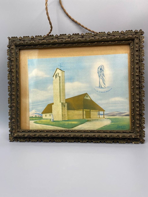 Notre-Dame du Chemin Blanc, Ségny, gouache originale, signée et datée de 1950, encadrée – decoratieve objecten, Glass