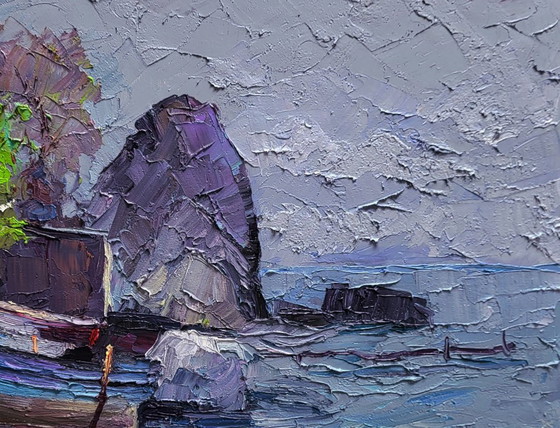 Original Oil Painting Seashore Rocks Boat On The Shore Calm Of A Sea Morning – Paintings & Drawings, Canvas (photo 5 of 7)