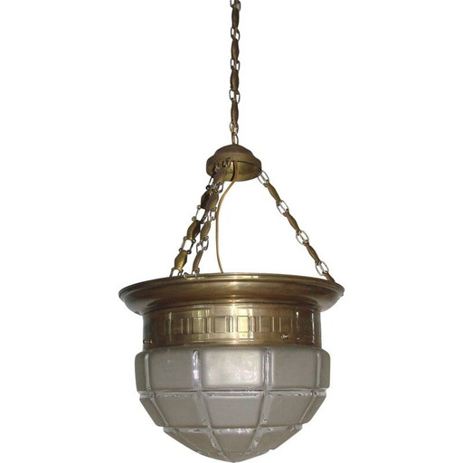 Lampada a sospensione vintage in ottone e vetro, 1900-1910