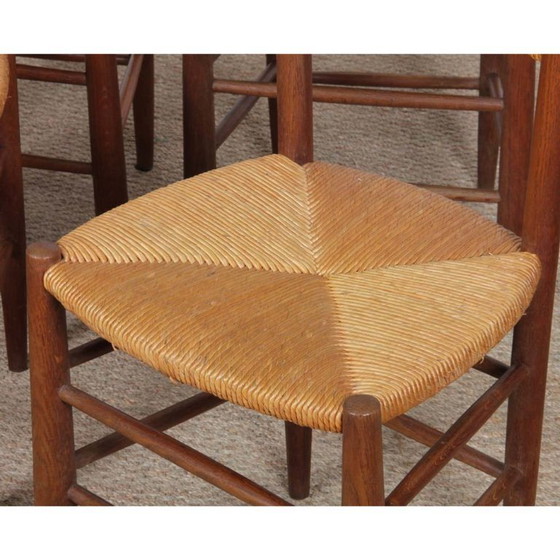Image 1 of Set of 4 straw-seated wooden chairs, French work, 1950