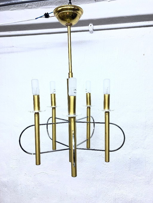 Lustre Sciolari, design des années 1970, laiton, chrome, verre