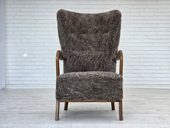 Image 1 of 1960s Reupholstered Danish Armchair with Stool, Genuine Sheepskin