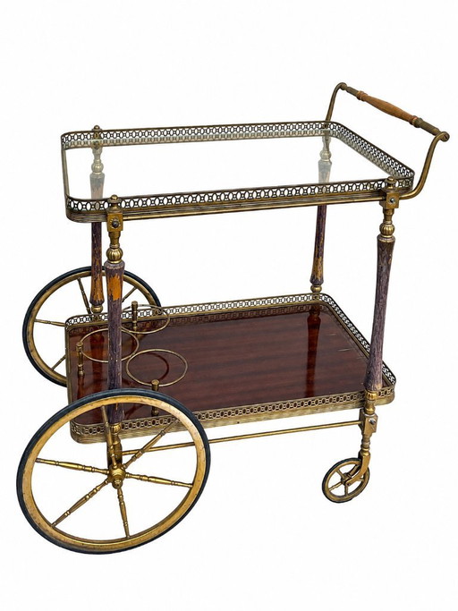 Carrello bar/carrello per bevande in ottone e legno, prodotto da Maison Jansen, Francia, anni '40.