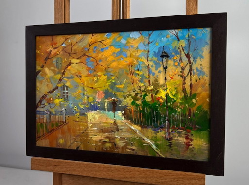 Original Oil Painting City Street Landscape Autumn leaves are flying