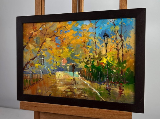 Image 1 of Original Oil Painting City Street Landscape Autumn leaves are flying