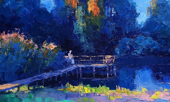Image 1 of Original Oil Painting Nature Landscape Summer Sunset Evening on the Lake