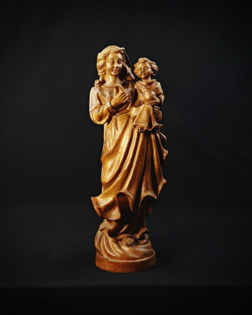 Statue Vierge à l'Enfant en bois de chêne sculpté Art religieux Allemand XXème