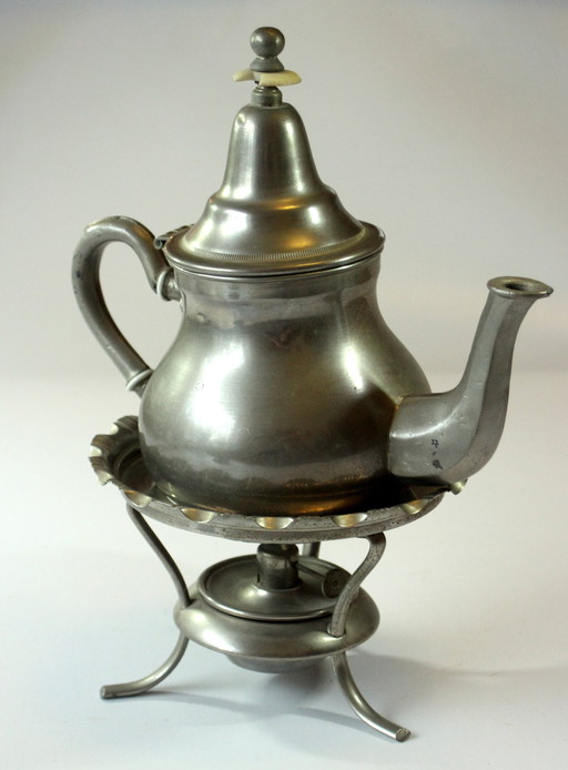 Arabische tinnen theepot met spiritusverwarmer, gemerkt, vintage