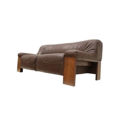 Brutalist 2-Sitzer Ledersofa - Braunes Leder mit Wengeholzrahmen