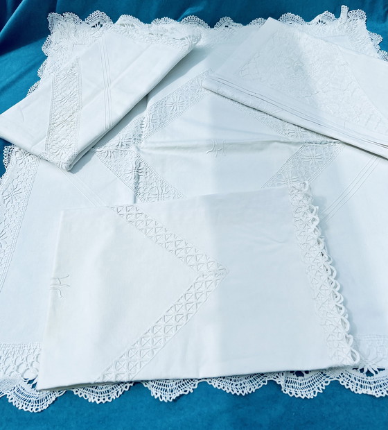 Image 1 of Vintage white pillowcases with lace & monogram**