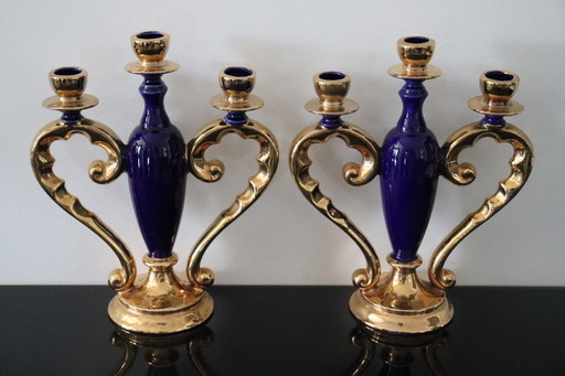 2 candelabros de porcelana italiana dorados